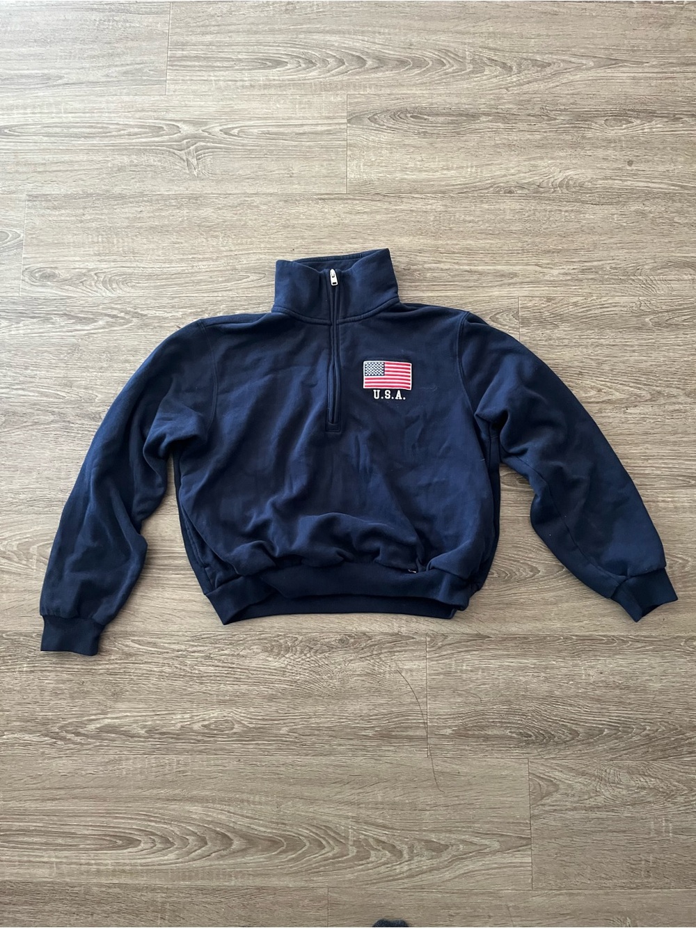 Hollister Womens XS Navy Blue USA Flag Quarter Zip Mock Neck Fleece Sweatshirt